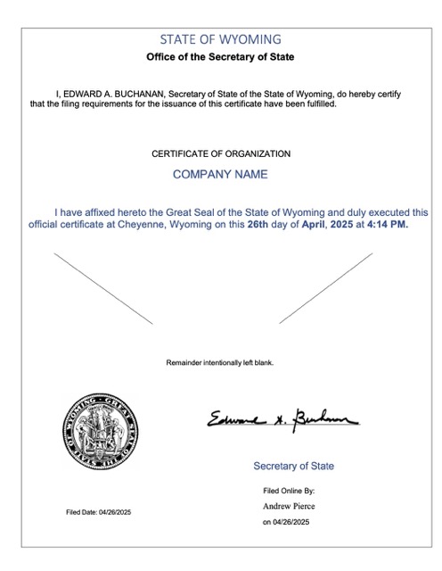 USA Wyoming certificate of organization Word and PDF template